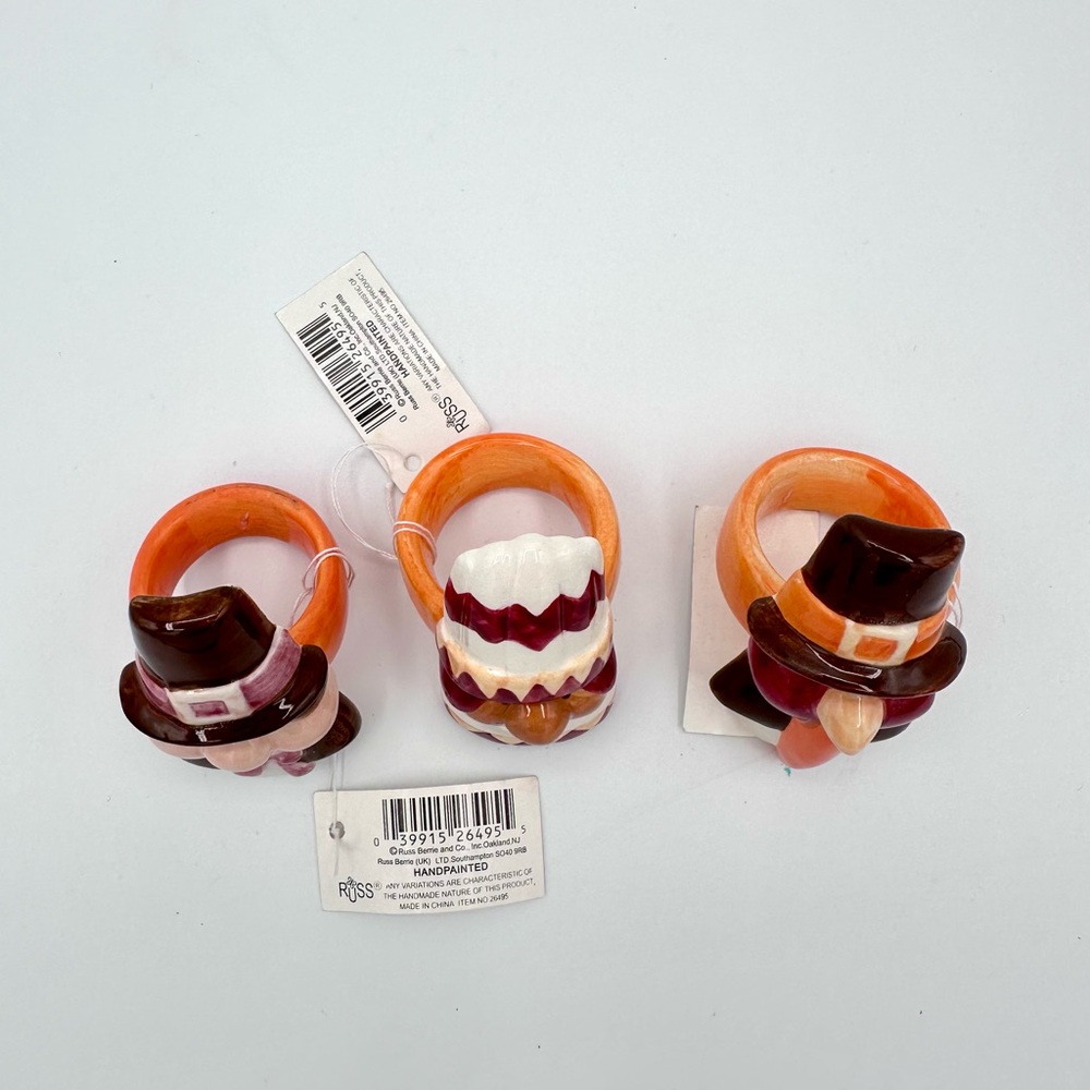NEW Russ Thanksgiving Ceramic Napkin Rings - Pilgrim Native American Turkey - Picture 7 of 9